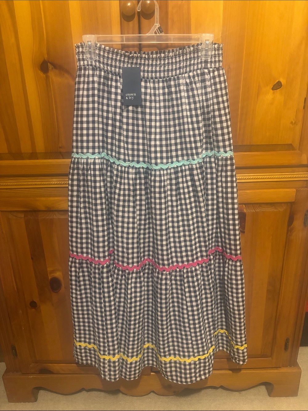 crown & ivy Black and White Gingham Maxi Skirt with Colorful Rickrack Trim